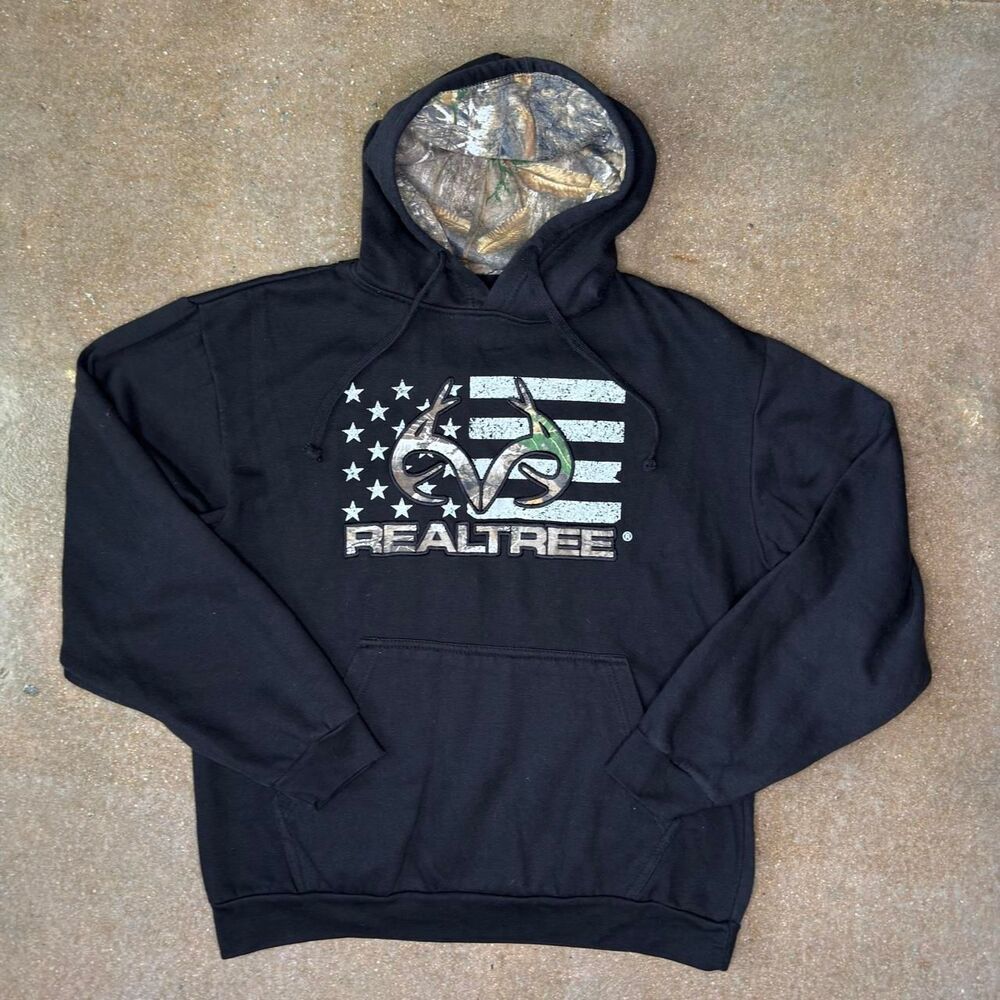 Realtree Hoodie Large Black Camo Hood American‎ Flag Hunting Sweatshirt